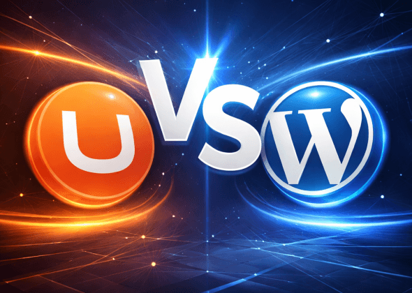 Illustration der sammenligner Umbraco og WordPress som CMS-platforme med visuel kontrast mellem de to systemer.